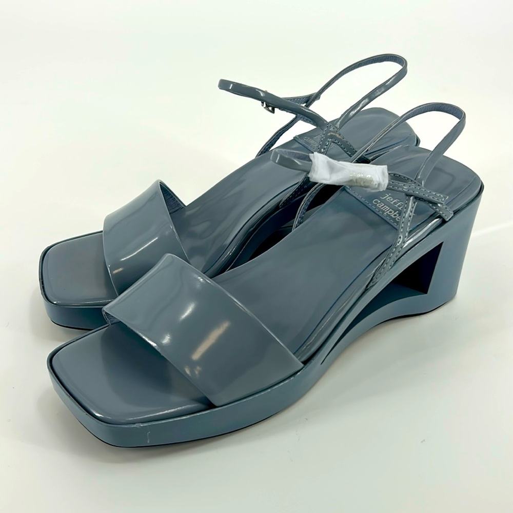 JEFFREY CAMPBELL Patent Leather Scoobiedoo Wedge Sandal in Dusty Blue Box 7 NWOB